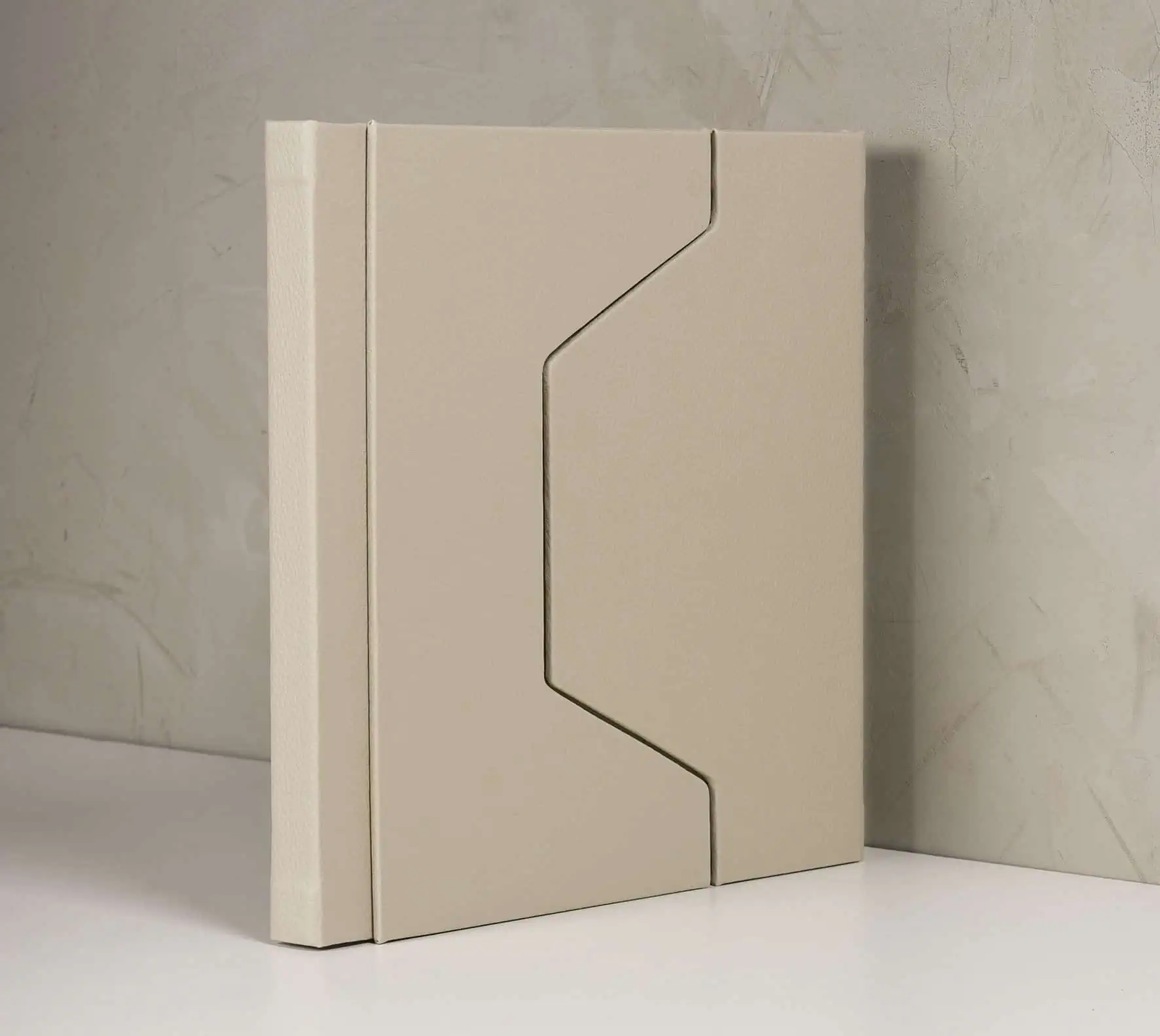 Álbum de fotografia em tom bege, com design moderno e elegante para colecionar fotos.