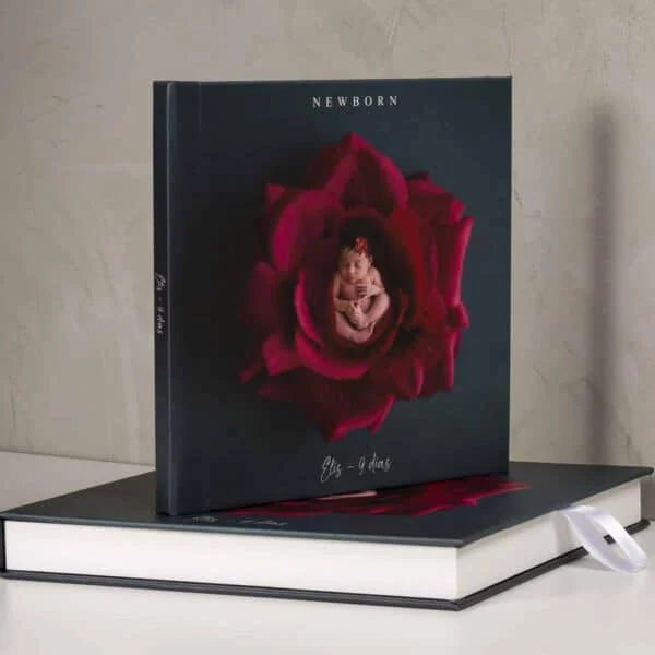 1. Álbum de fotos personalizado com foto de bebê dentro de uma rosa vermelha gigante.