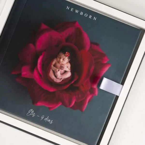 1. Fotografia de bebê recém-nascido em quadro de poesia fotográfica com tema de flores e nomes.