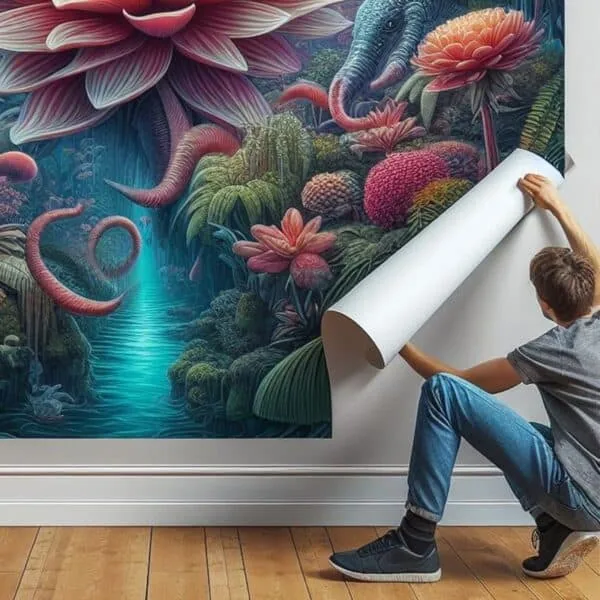Vibrante arte de mural com natureza fantástica e animais exóticos para decoração de interiores.