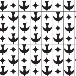 Desenho geométrico preto e branco de padrão repetitivo floral e astral estilizado.