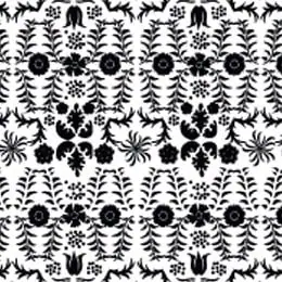 Padrão floral preto e branco com elementos orgânicos e geométricos, perfeito para design de tecido.