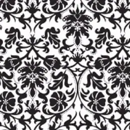 Detalhes de padrão decorativo em preto e branco inspirado em motivos clássicos.