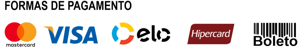 Pagamento com Mastercard, Visa, Elo, Hipercard e boleto bancário. Opções diversas para sua conveniência.