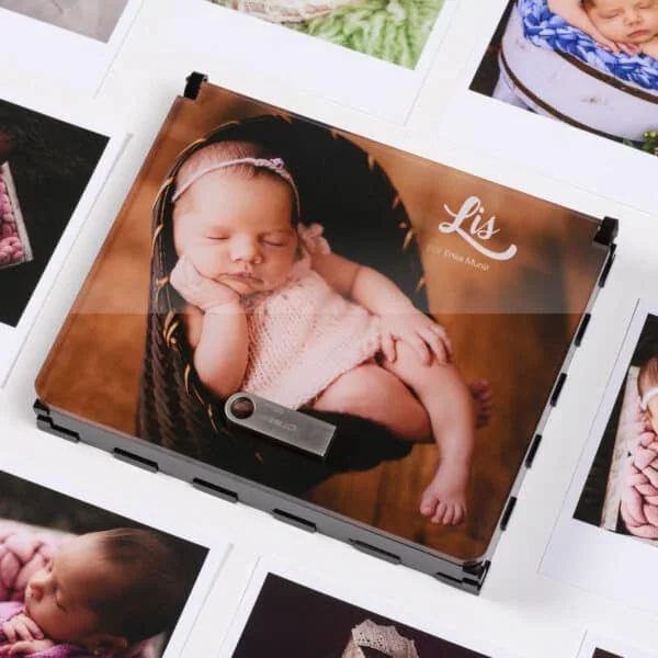 Box Acrilic Foto 5 Fotos de bebê com álbum personalizado Fotoclub, recordações de infância e maternidade.