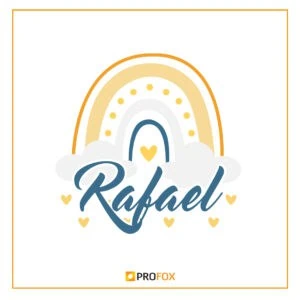 Arco-íris com nuvens e nome Rafael em destaque, design infantil para fotos de bebês ou festas.
