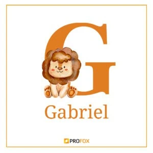 1. Leão fofo em estilo desenho infantil com letra G e nome Gabriel.