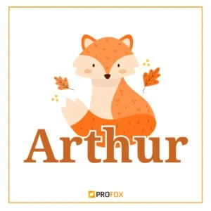 1. Raposa fofa ilustrada com folhas de outono, design infantil e nome Arthur em destaque.