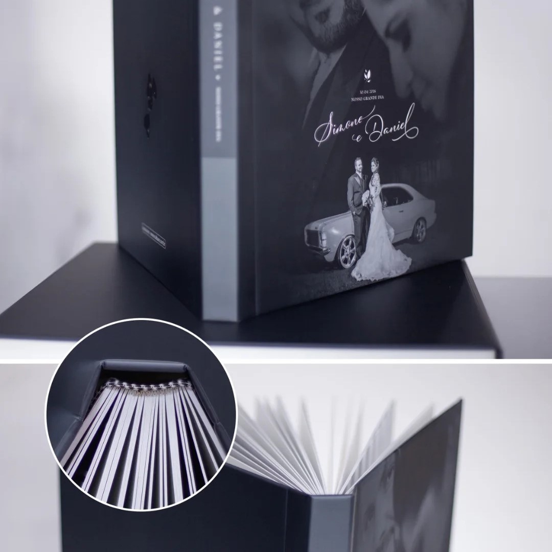 Álbum de fotos de casamento personalizado com capa elegante e páginas de alta qualidade.