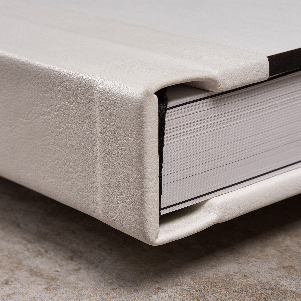 Árvore de livros de fotografia com capa de couro branca e páginas visíveis, ideal para clubes de fot.