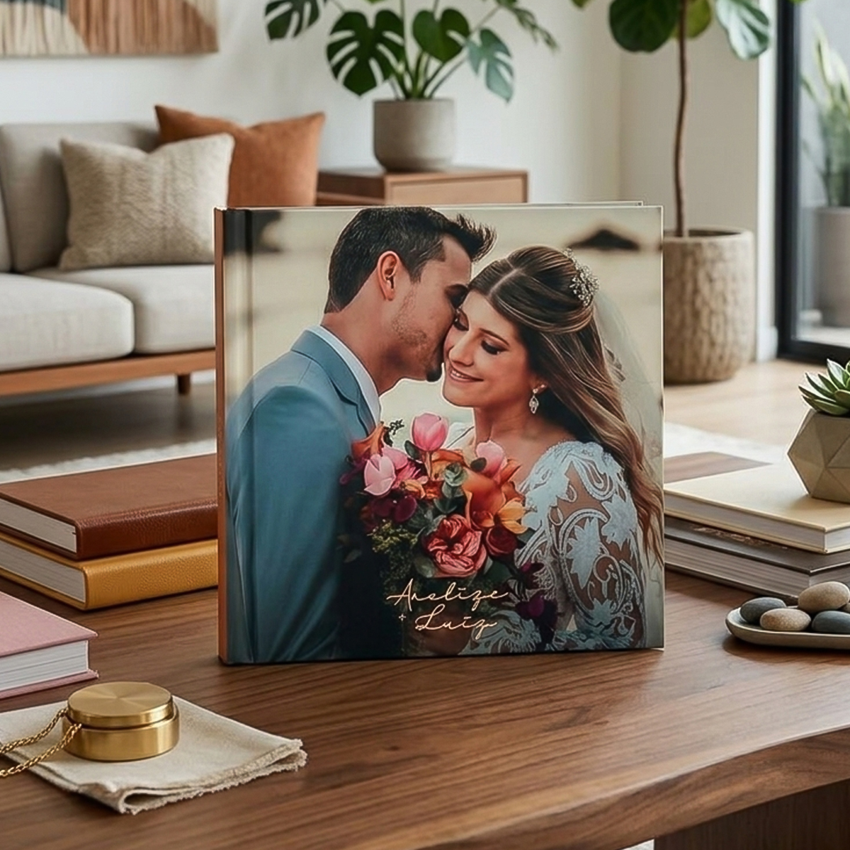 Amor entre casal com álbum de fotos de casamento em ambiente moderno e aconchegante.