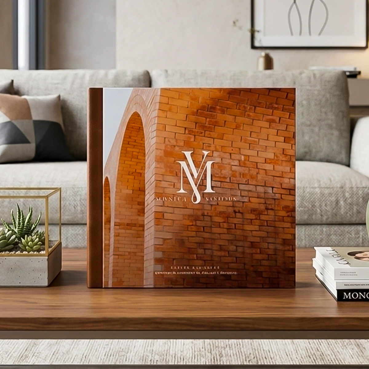 Árvore de livros de arte com capa de tijolos e letras "M" em destaque, decorando sala moderna com mó.
