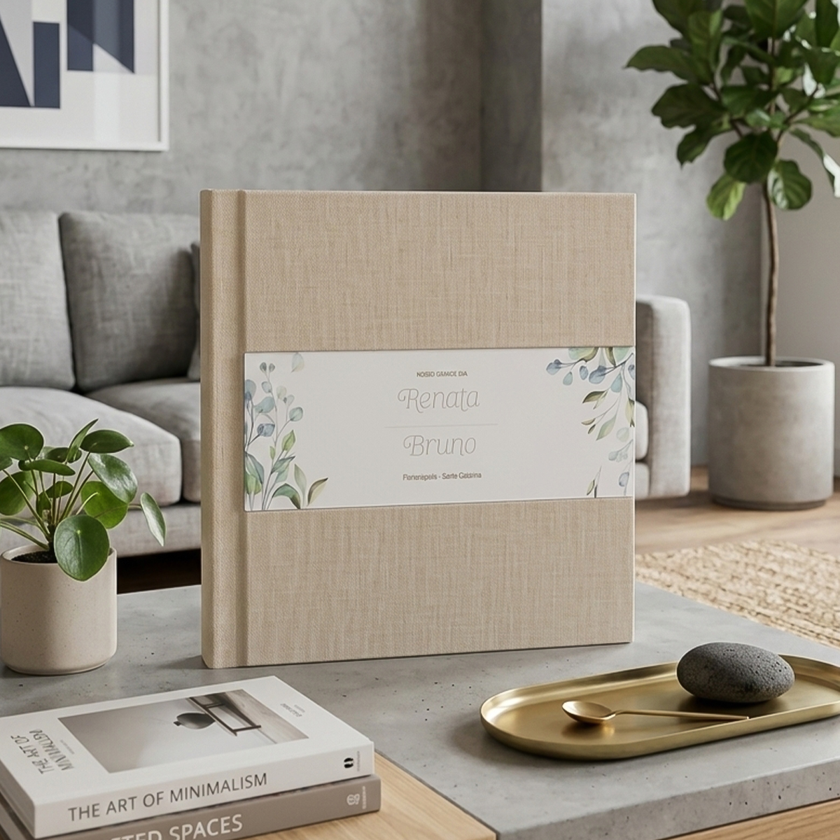 Ărvore de casamento em ĂĄlbum de fotos personalizado com nomes Renata e Bruno, ideal para recordaçÔes.