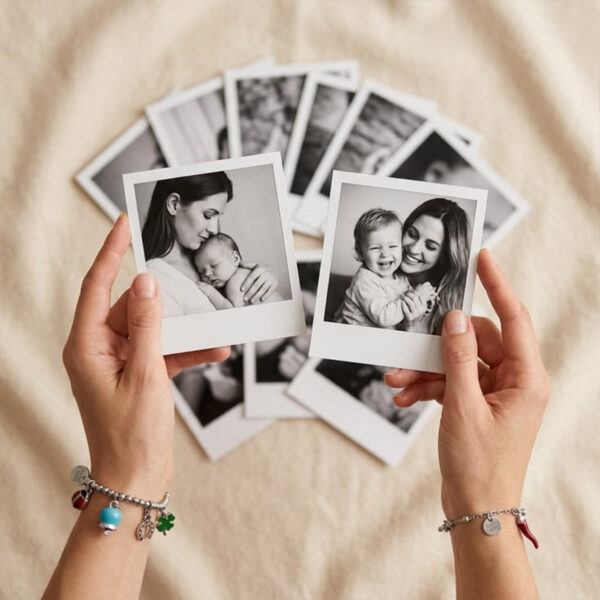 Mãos segurando fotos em preto e branco de uma mãe com seus filhos.