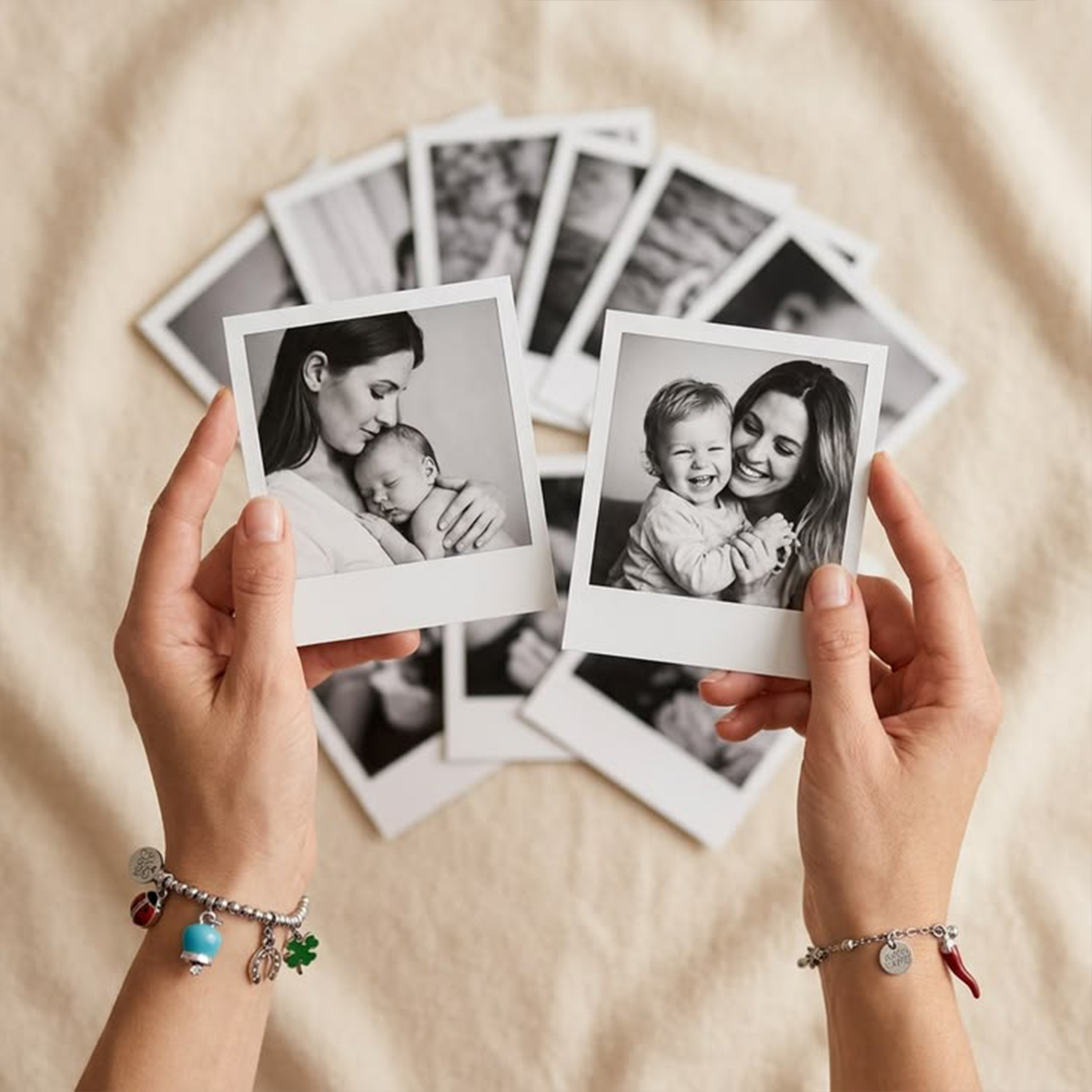 Mãos segurando fotos em preto e branco de uma mãe com seus filhos.