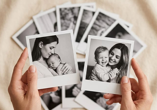 Mãos segurando fotos em preto e branco de uma mãe e seu filho pequeno.