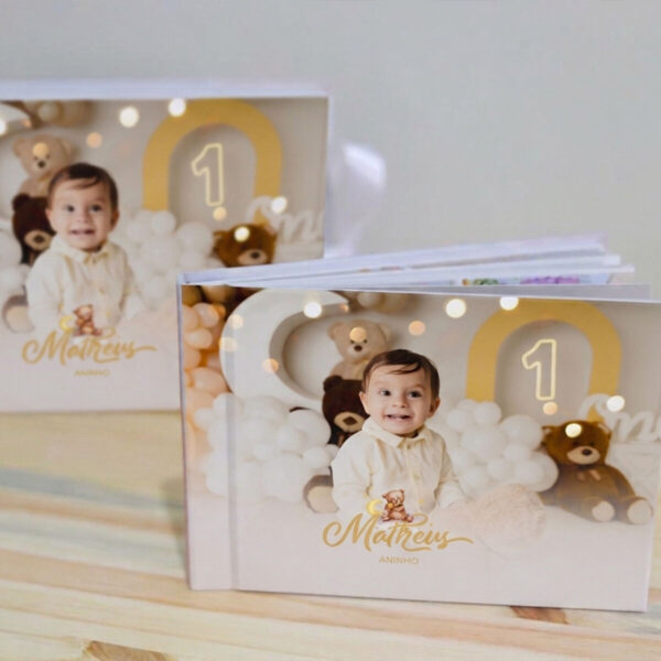 Pocket Autocolante fotográfico Álbum de fotos de aniversário de 1 ano com tema de ursinhos e balões.